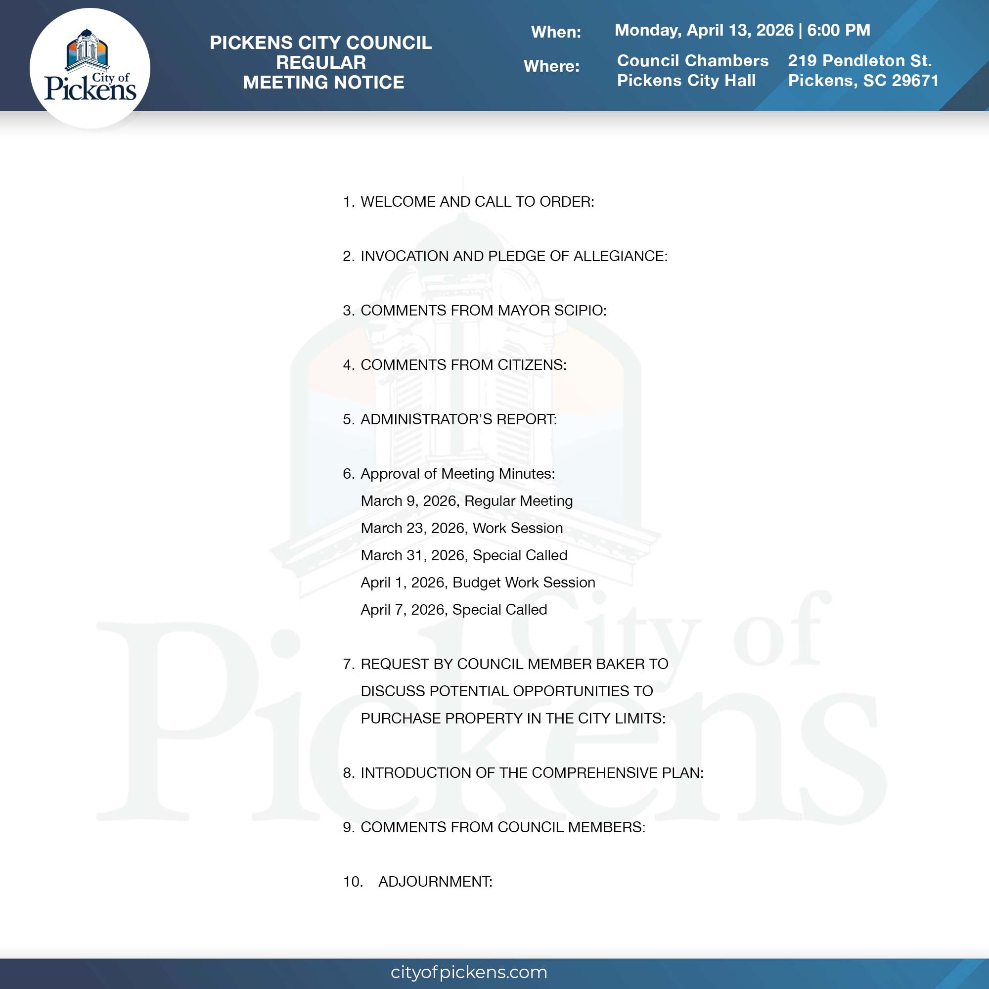 REGULAR SESSION MEETING NOTICE
