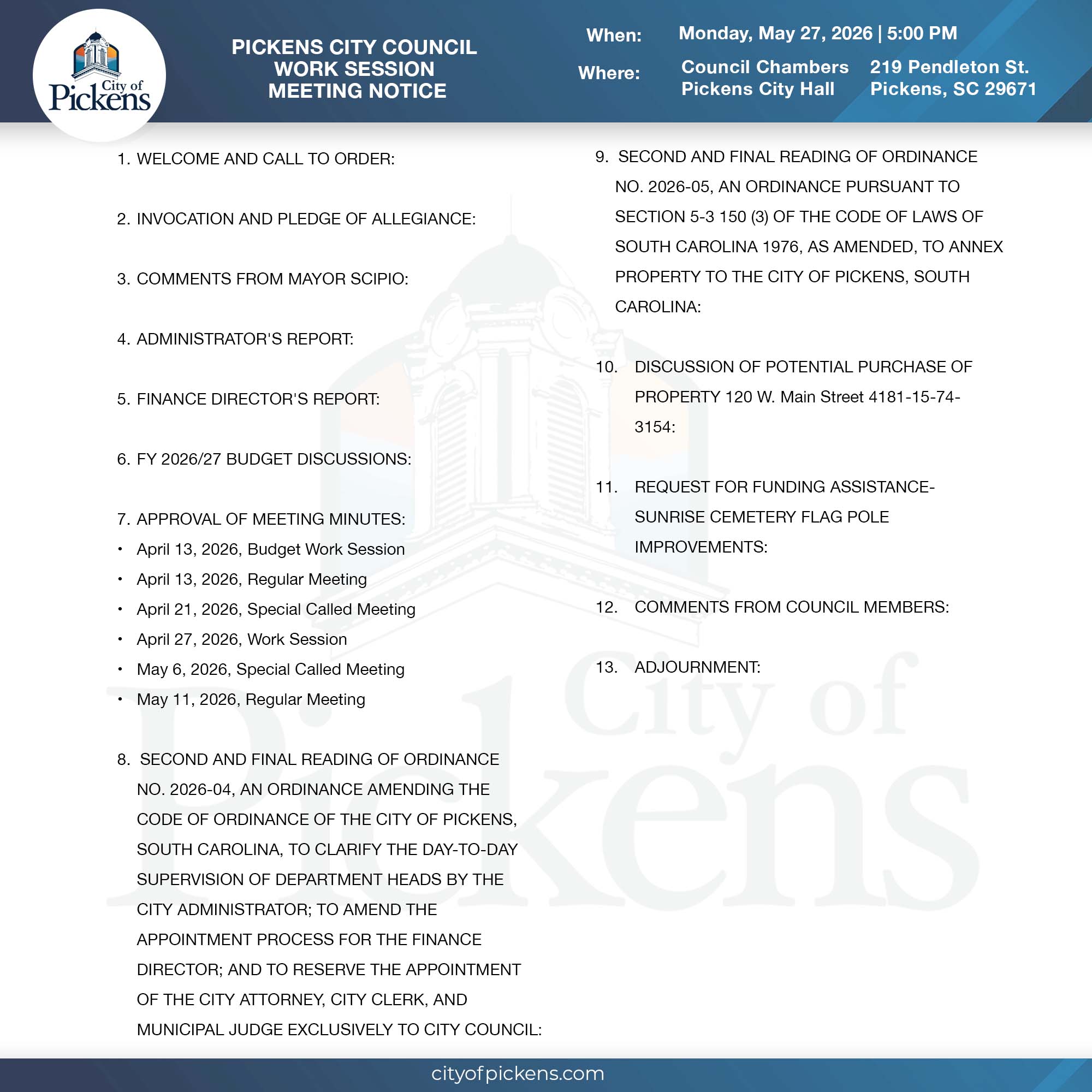 WORK SESSION MEETING NOTICE