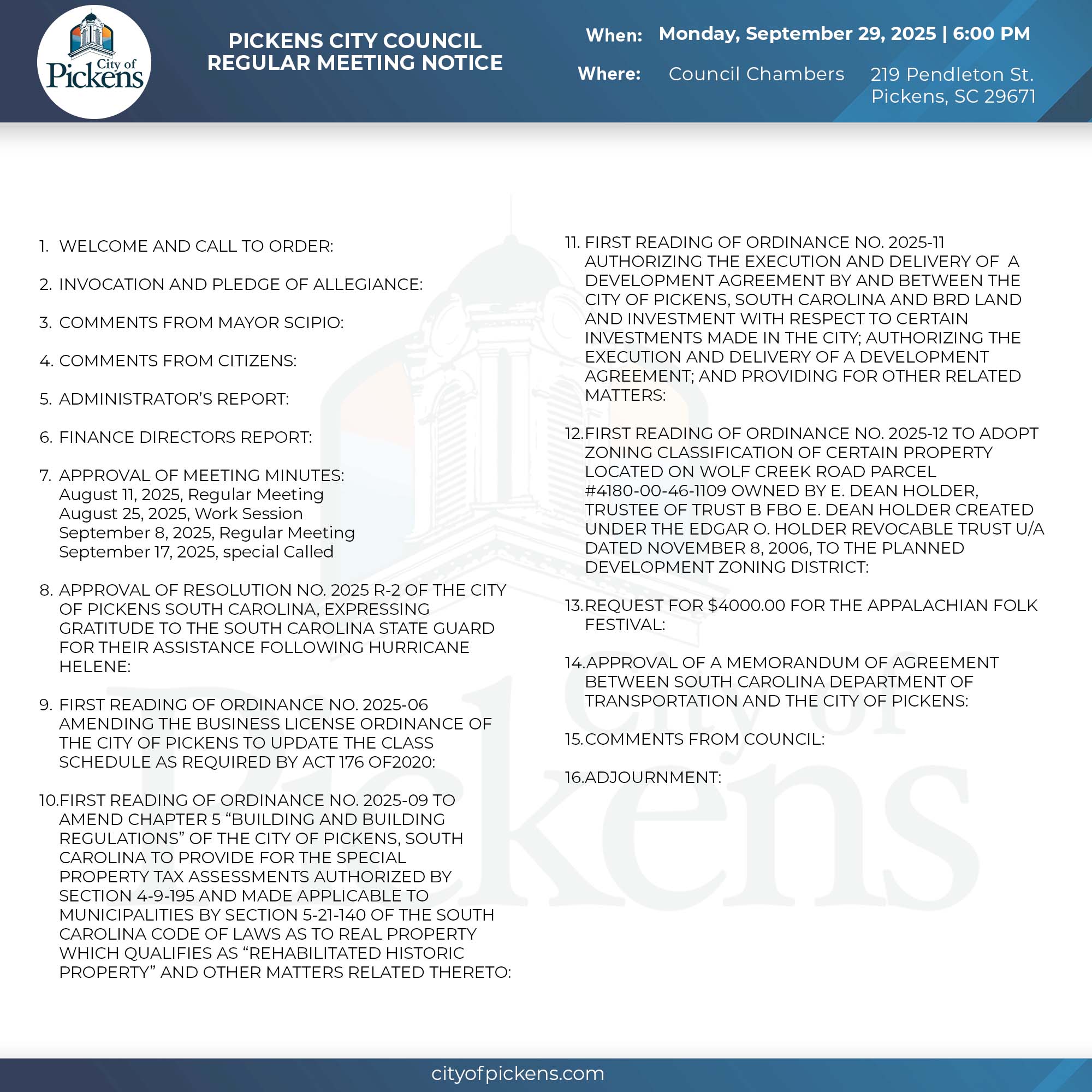 CITY COUNCIL MEETING NOTICE