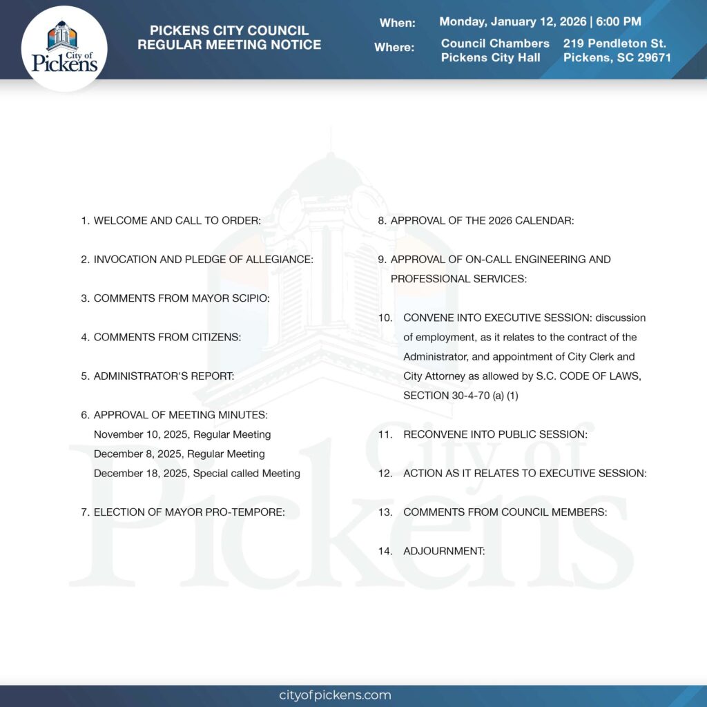 pickens city council regular meeting notice