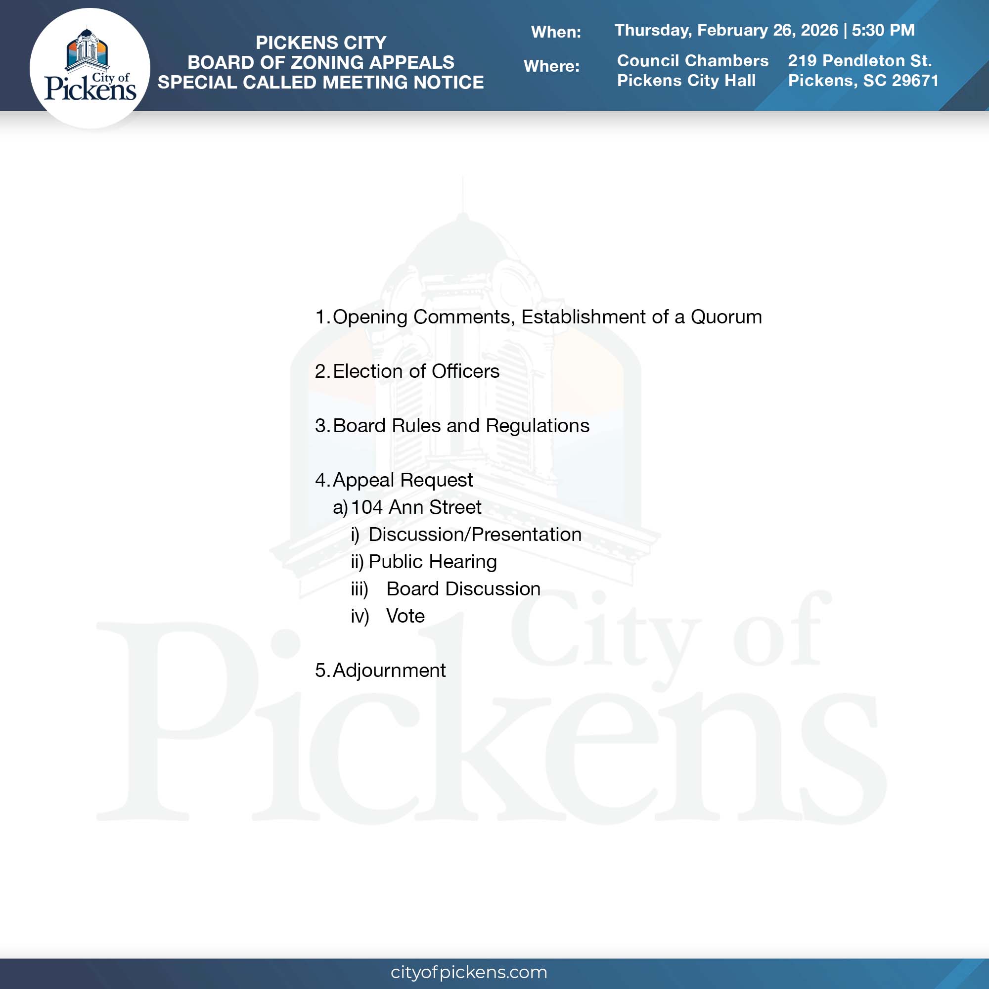 pickens city board of zoning appeals meeting notice