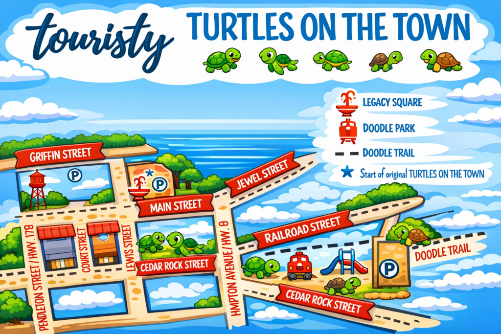 touristy turles on the town map cartoon