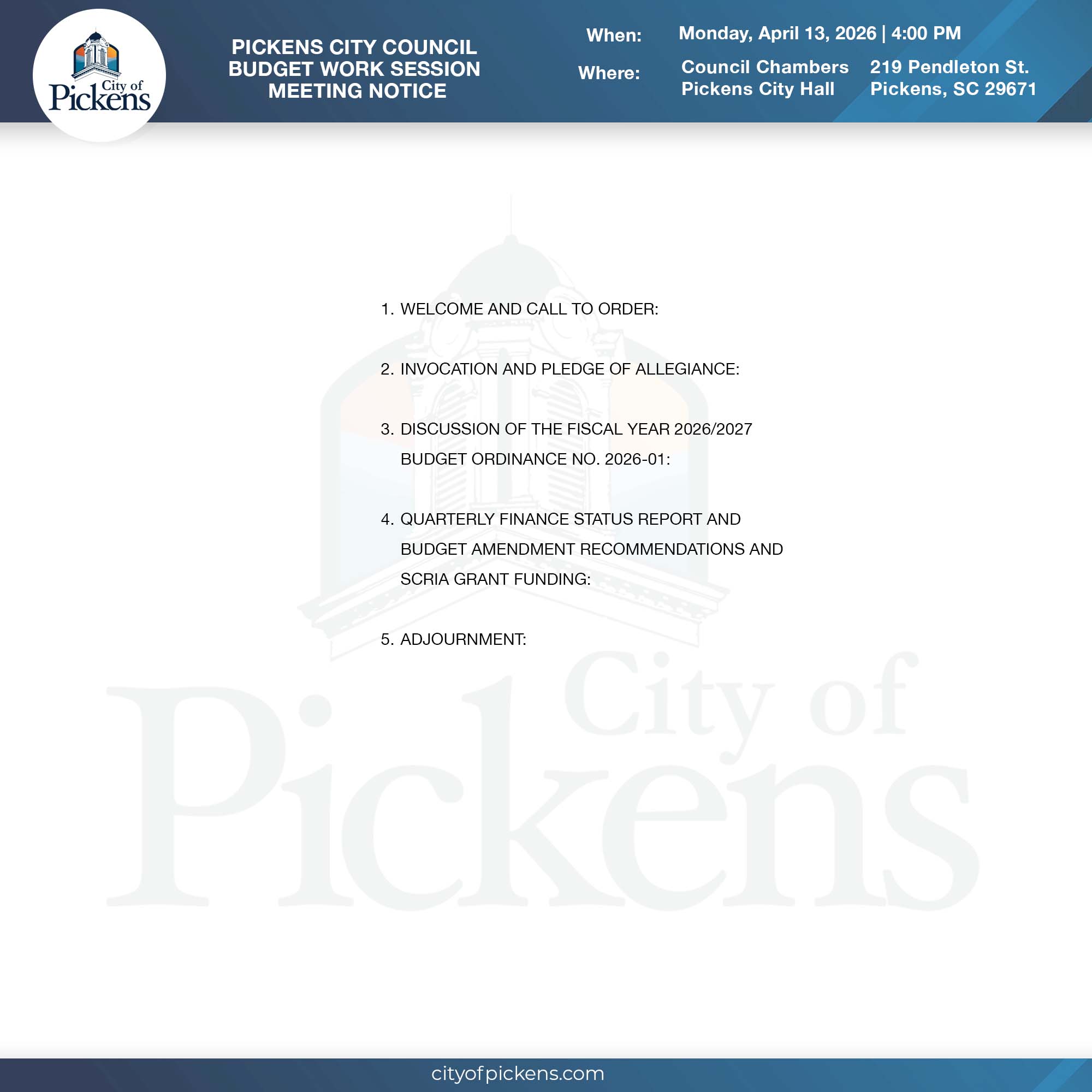 BUDGET WORK SESSION meeting notice