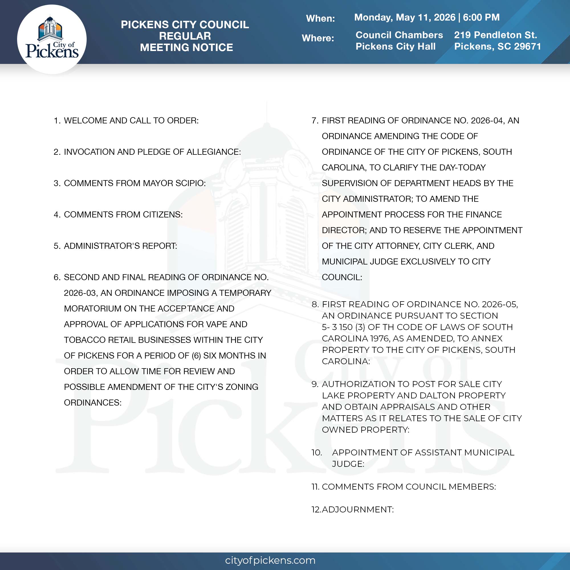 REGULAR SESSION MEETING NOTICE
