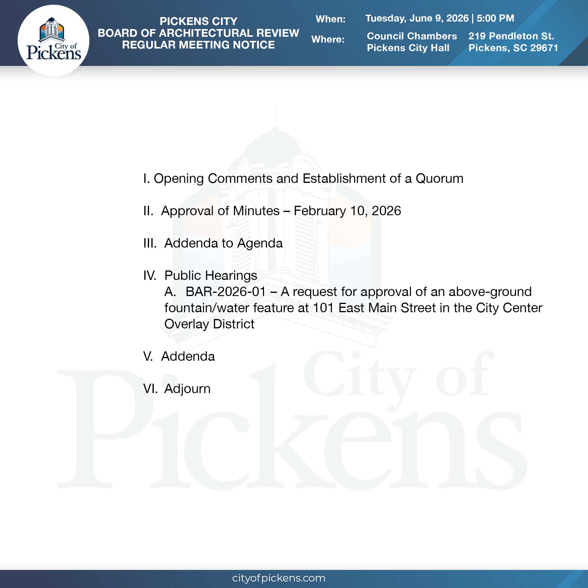 BOARD OF ARCHITECTURAL REVIEW regular meeting notice revised