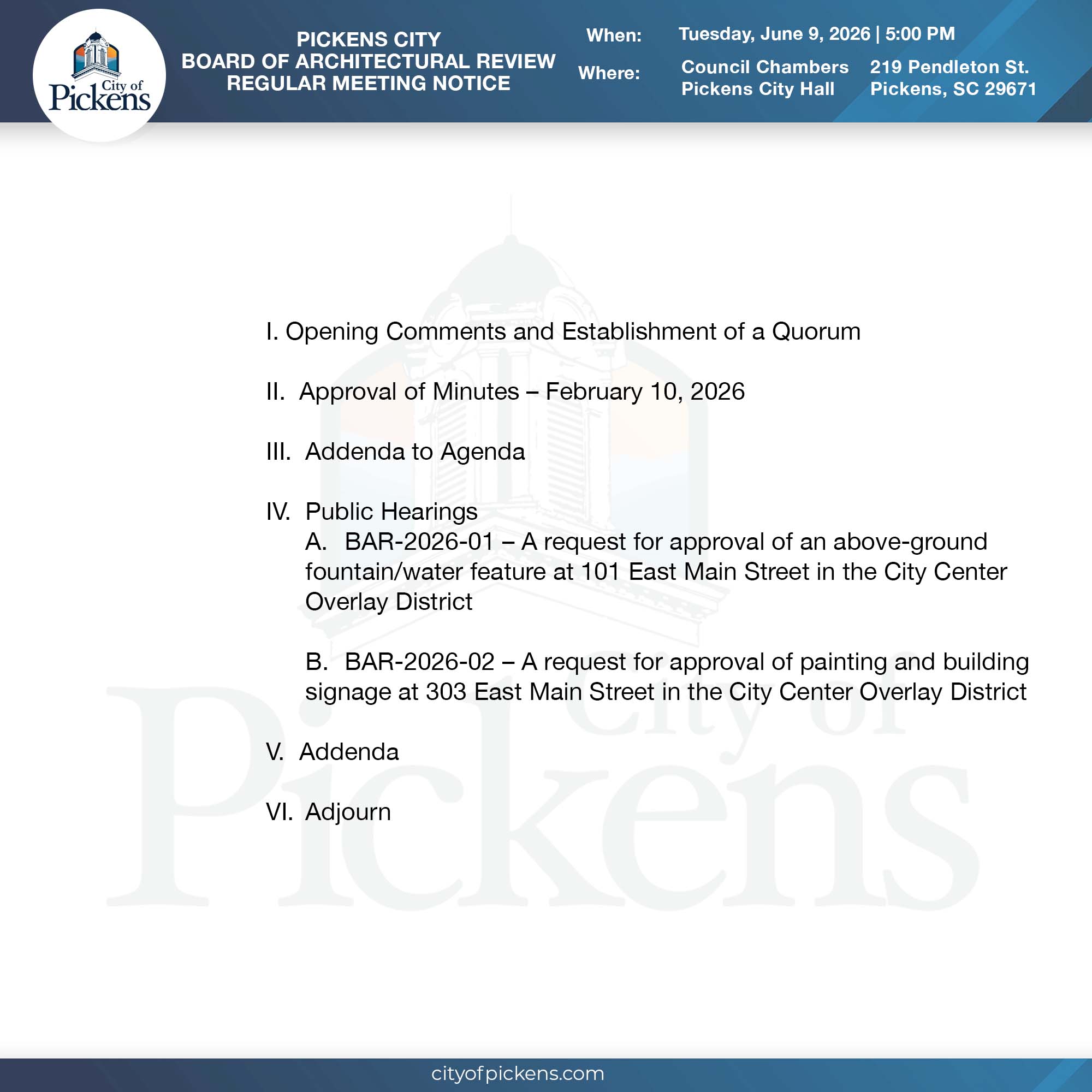 BOARD OF ARCHITECTURAL REVIEW regular meeting notice