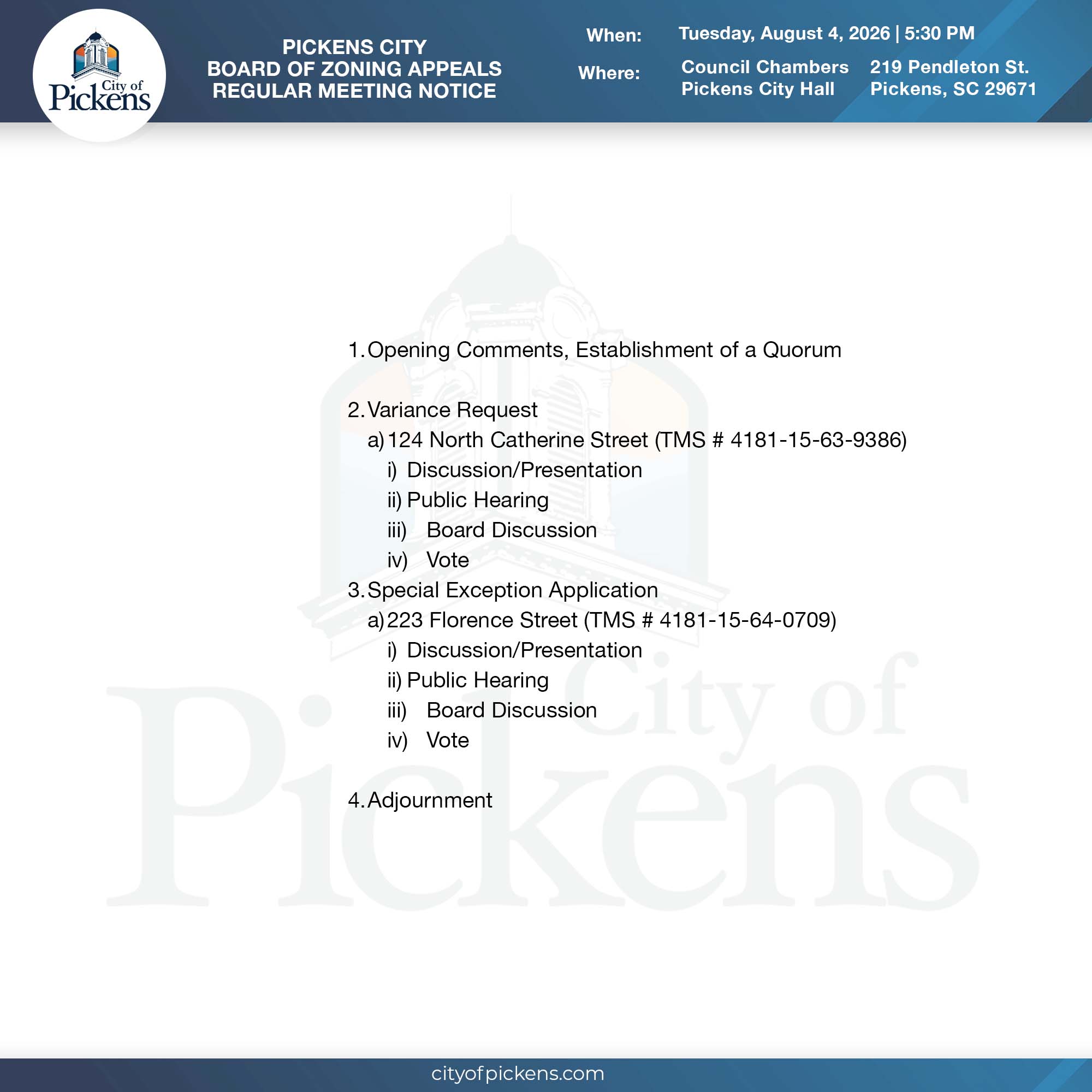 pickens city board of zoning appeals meeting notice