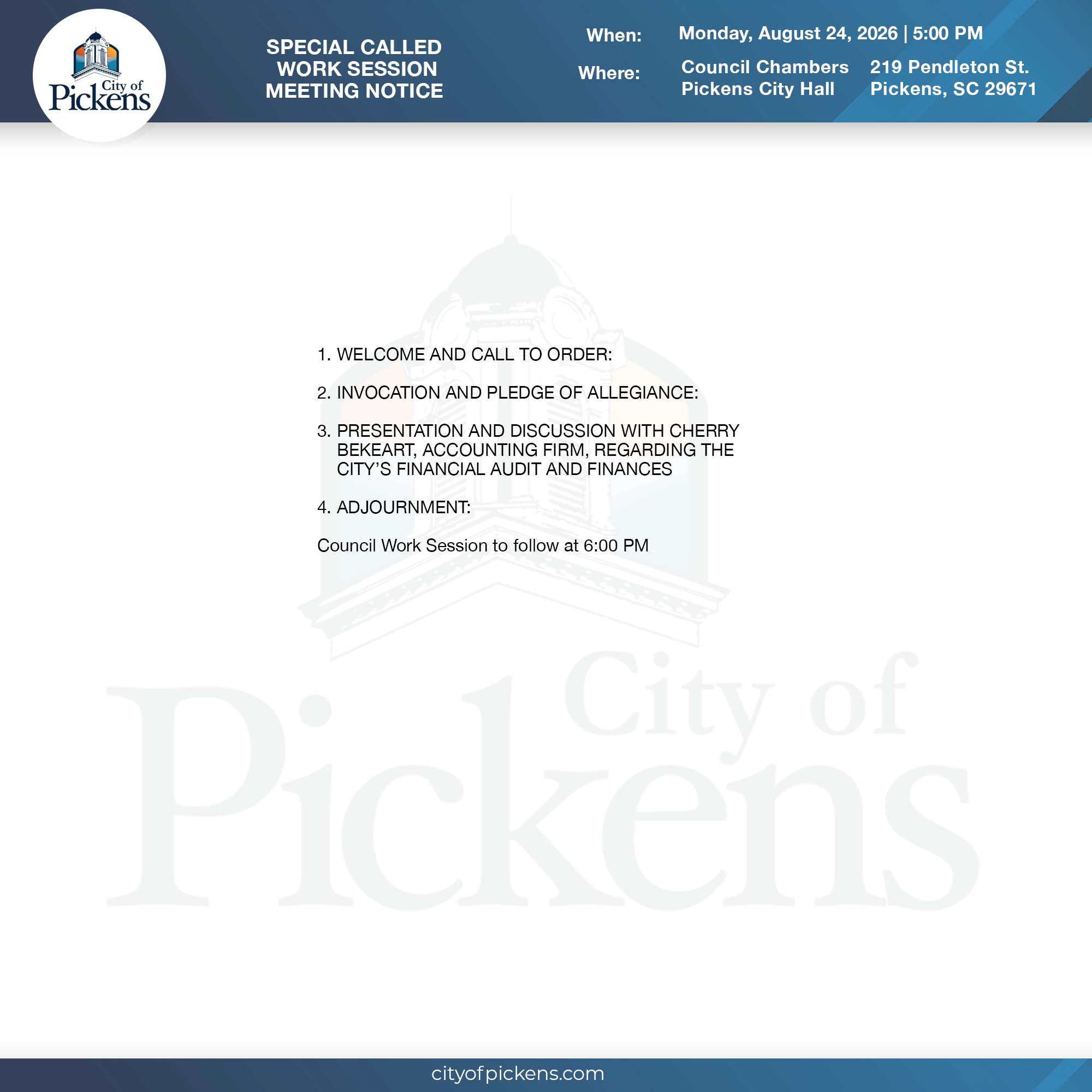 special called work session meeting notice
