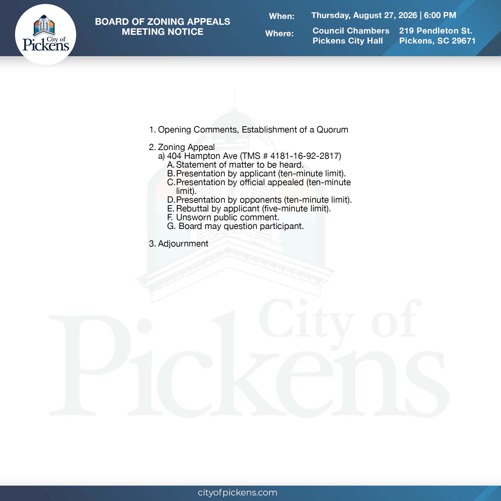 board of zoning appeals meeting notice revised