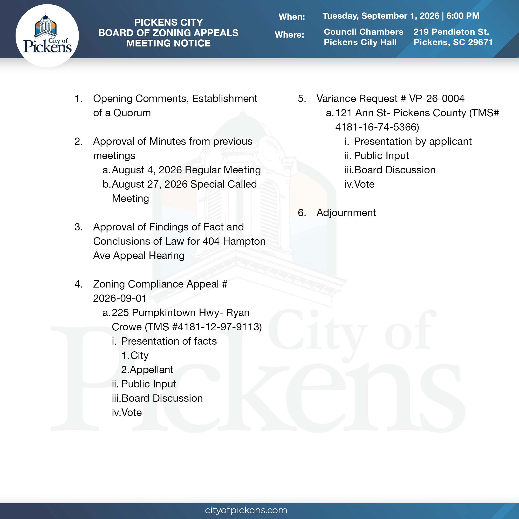 pickens city board of zoning appeals meeting notice