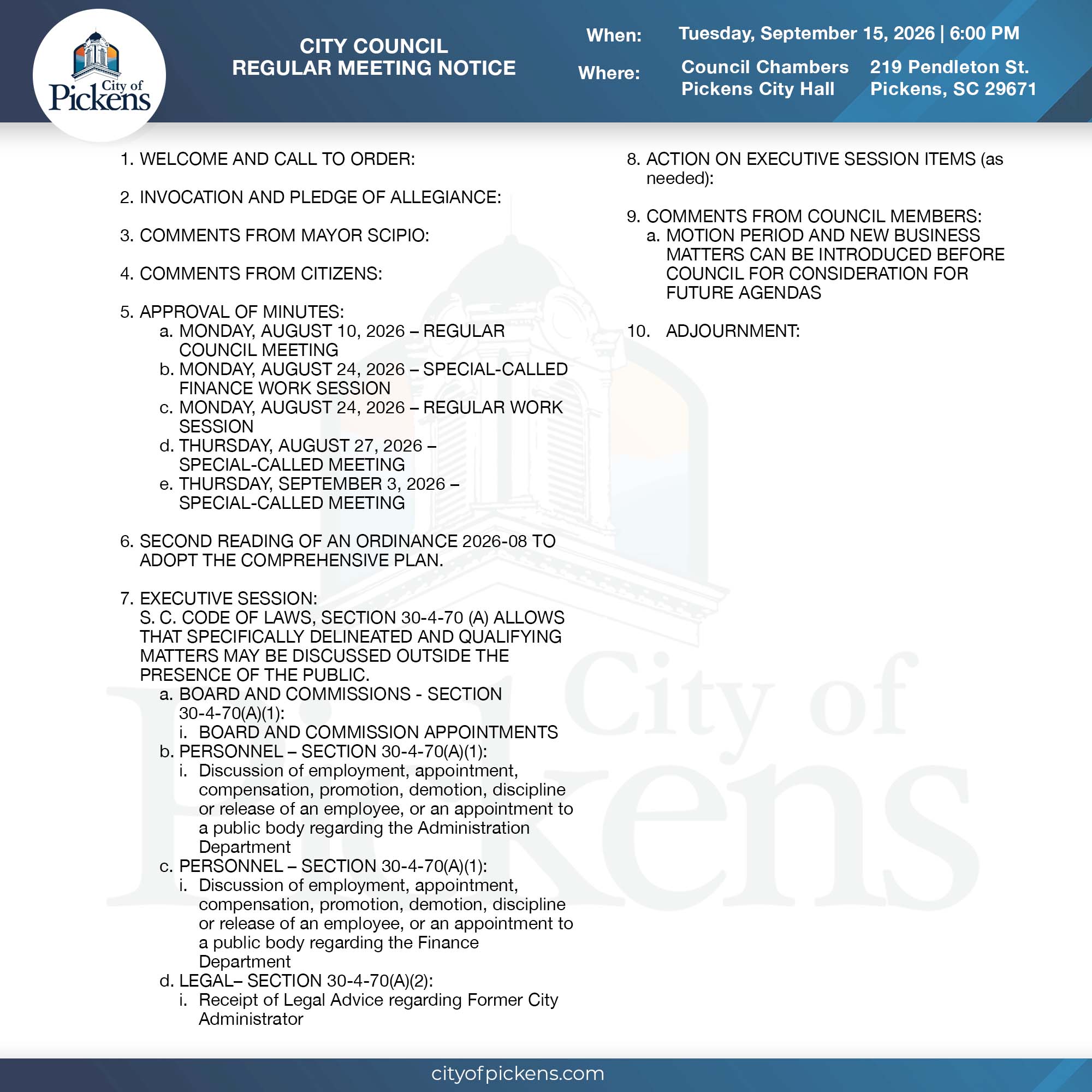CITY COUNCIl meeting notice revised