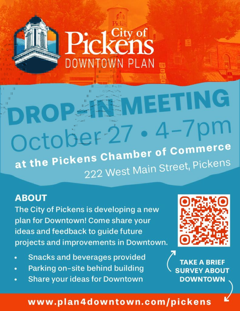 City of Pickens Downtown Plan flyer: drop-in meeting October 27, 4–7pm, at the Pickens Chamber of Commerce, 222 West Main Street, with a survey QR code and plan4downtown.com/pickens