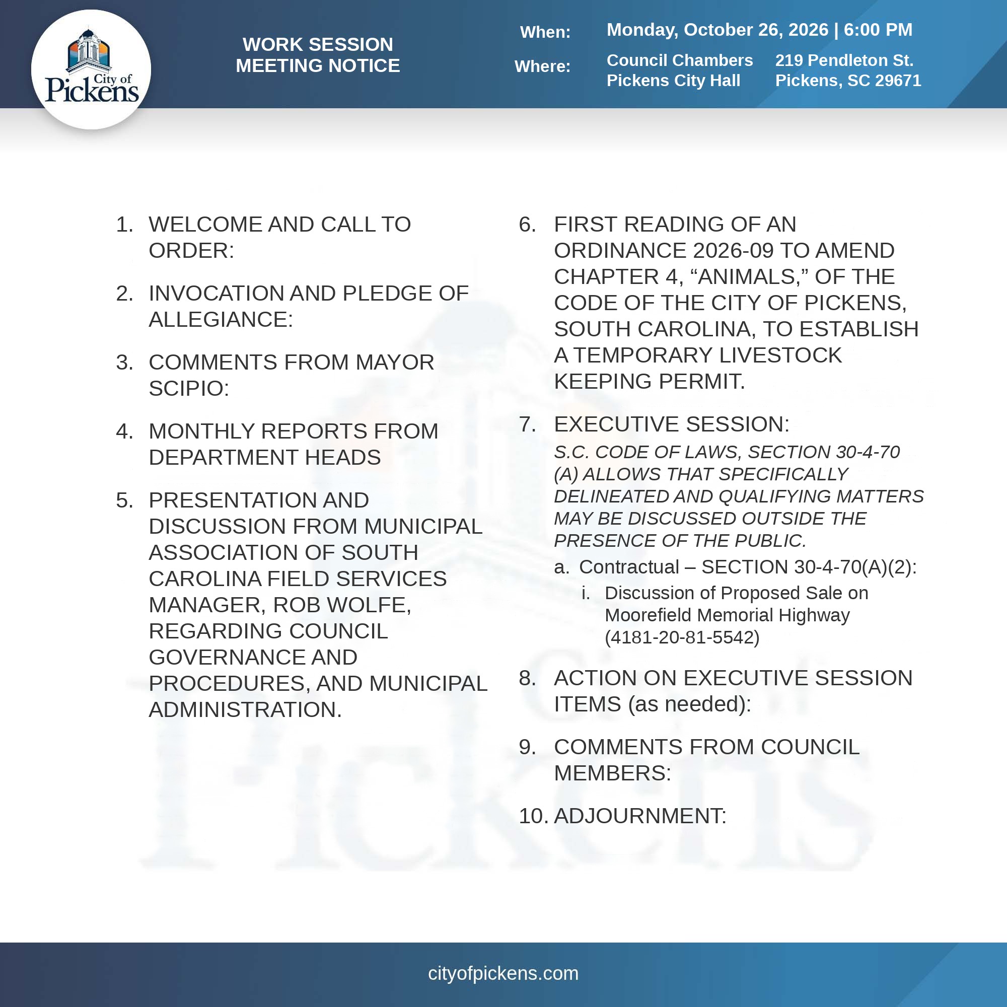 City Council Work Session meeting notice and agenda for Monday, October 26, 2026 at 6:00 PM